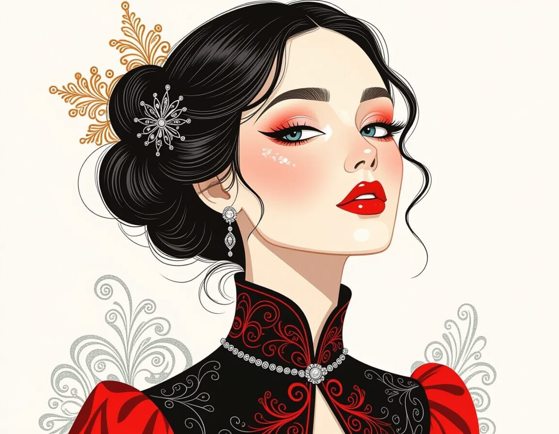 Quirky Woman in Black & Red Attire with Silver Details