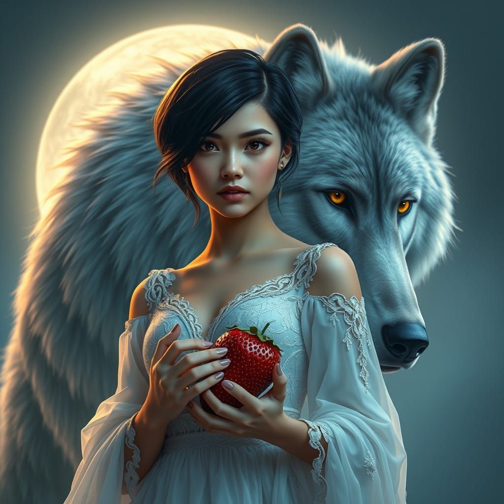 Moonlit Fantasy: Caramel Skinned Beauty with Wolf Guardian