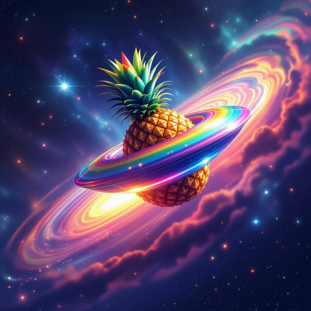 Rainbow Pineapple UFO Soaring Through Starry Galaxy