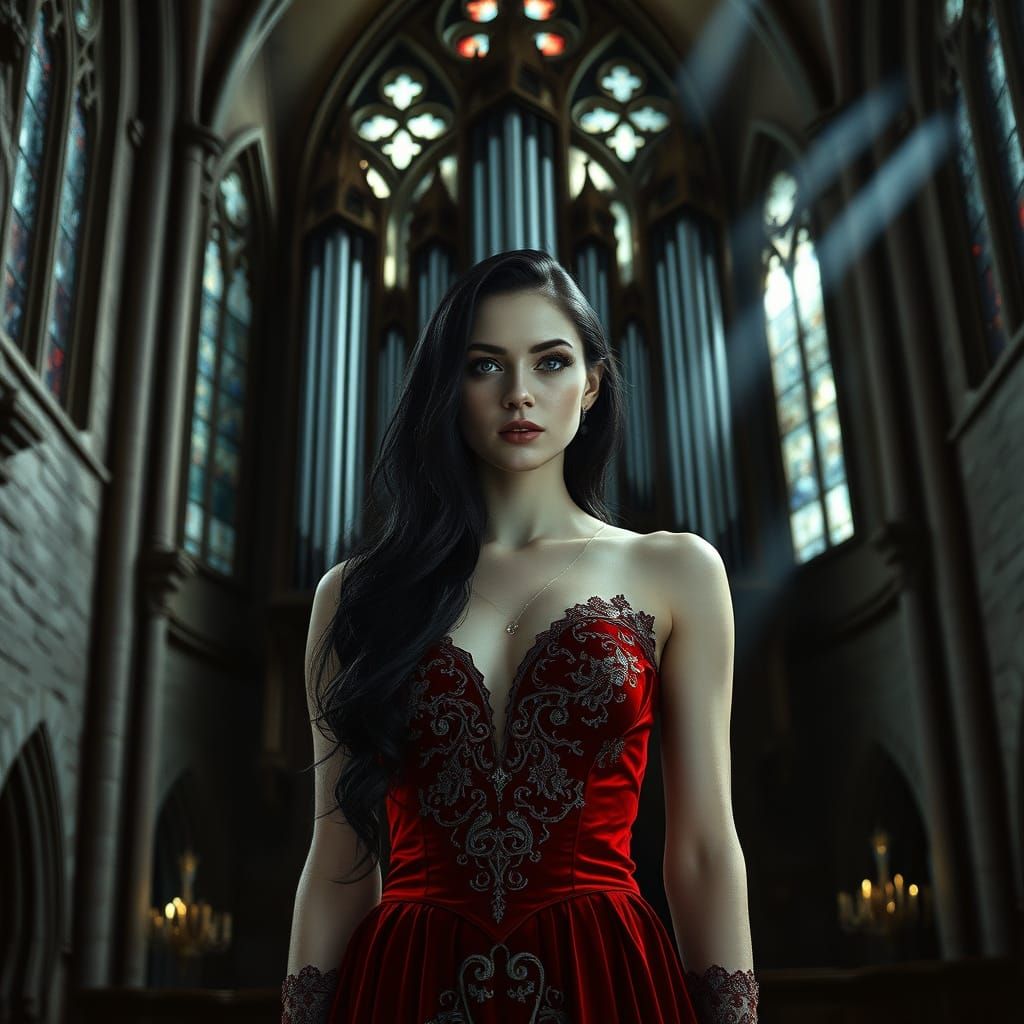 Gothic Vampire Queen in Cathedral, Cinematic Film Still