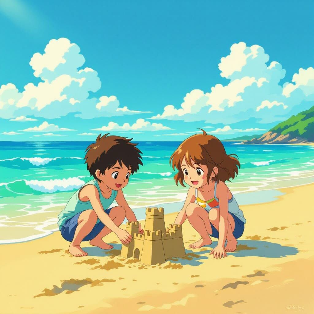Children Build Sandcastles on Sunny Beach in Anime Style