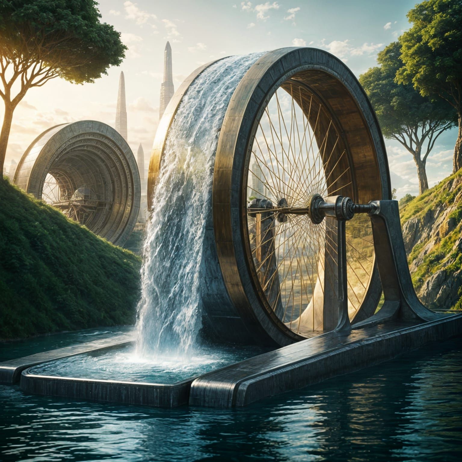 A Futuristic Golden Waterwheel in a Majestic Landscape