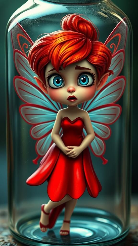 Redhead Fairy Trapped in Glass Bottle