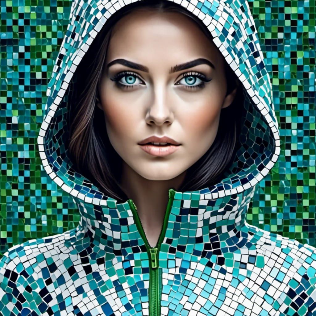 Mosaic Style Digital Art of Woman in Hoodie
