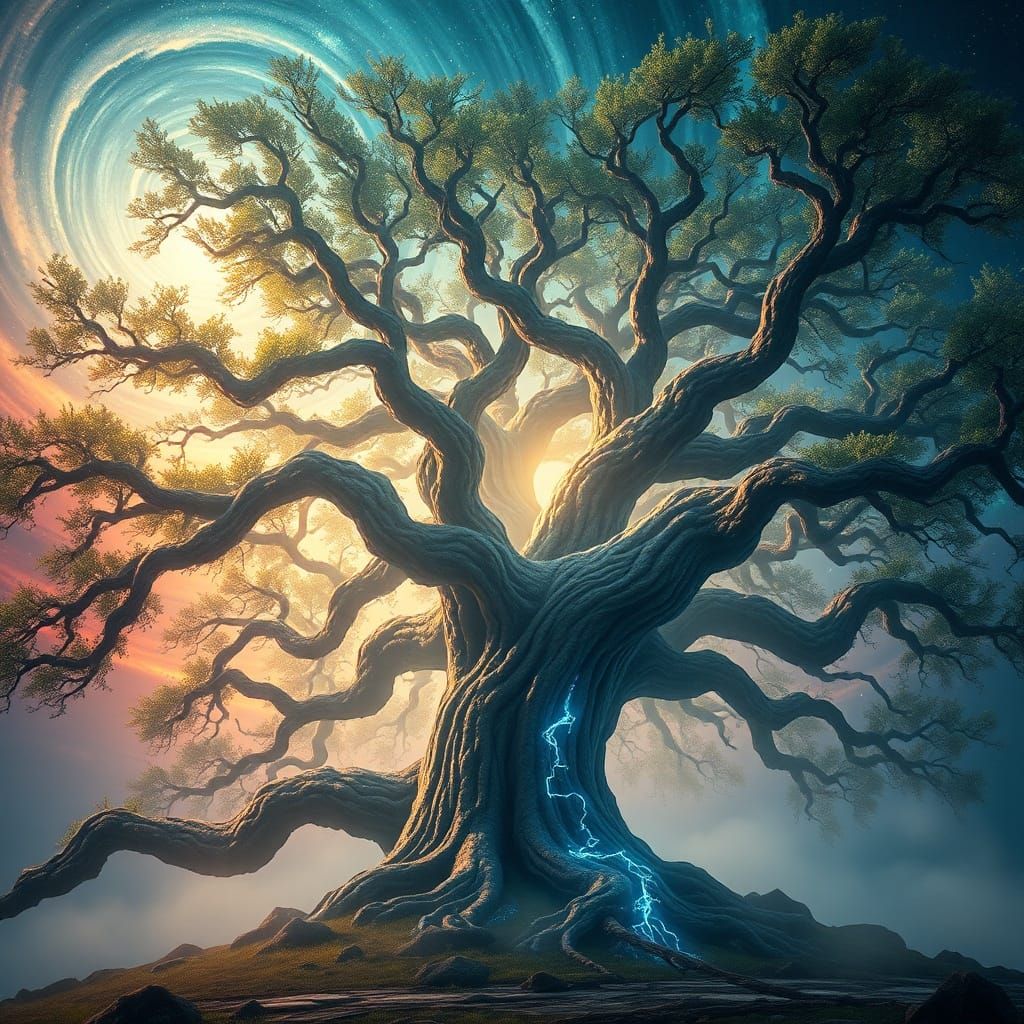 Ancient Oak Tree Emitting Luminous Energy Under Nebula Sky