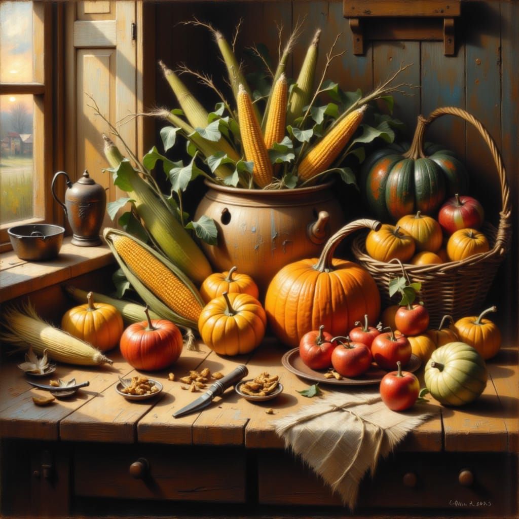 Bountiful Autumn Harvest Still Life in Dutch Masters Style
