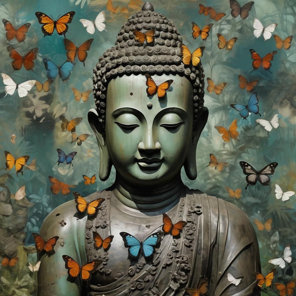 Buddha in Jungle with Butterflies, Pulp Art Style