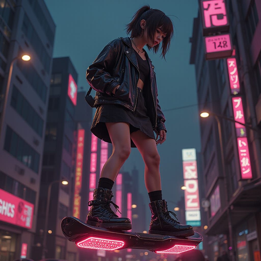 Cyberpunk Anime Woman on Flying Hoverboard