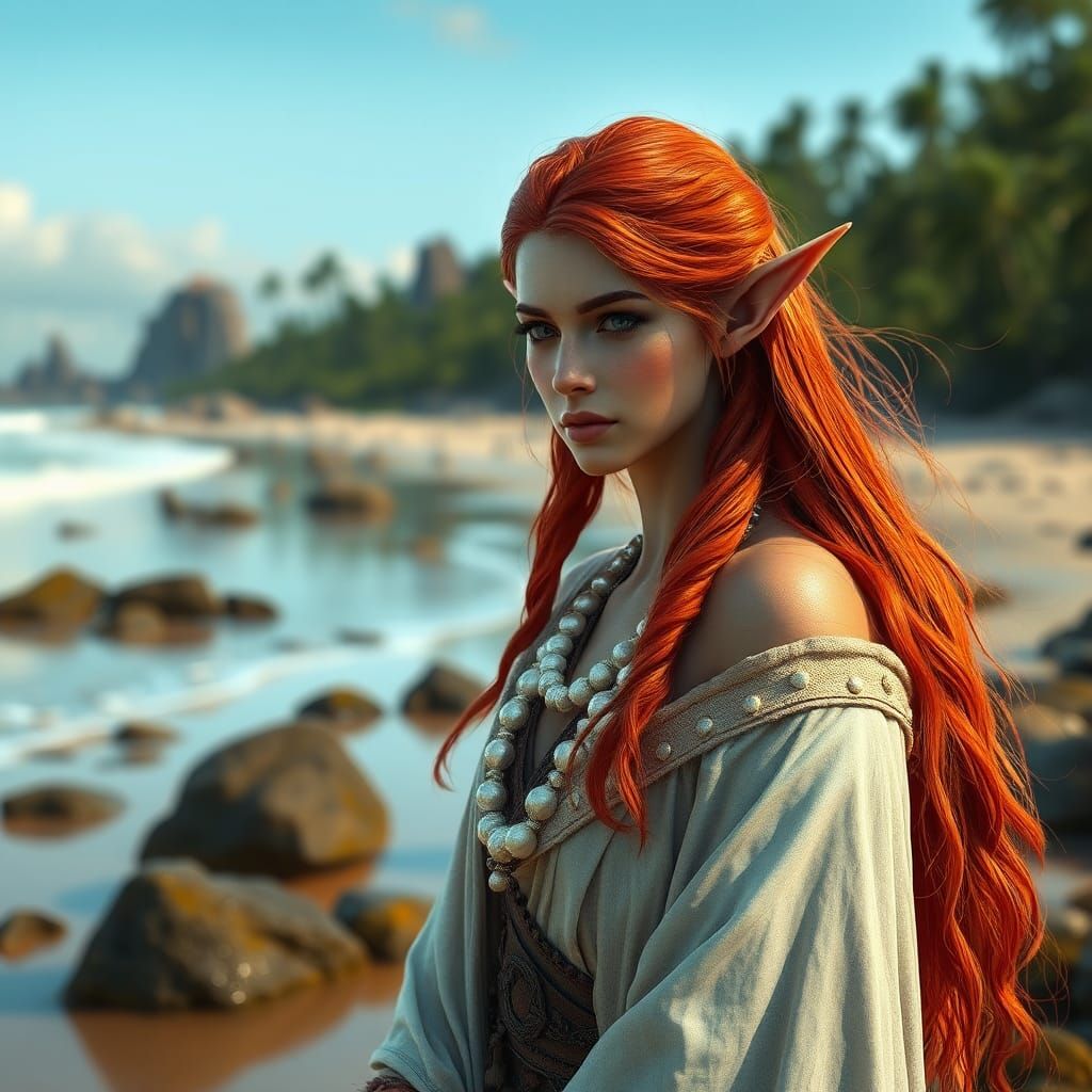 Wood-Elf Maiden on a Beach in Fantasy Art
