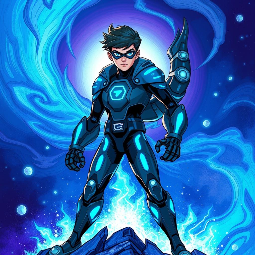 Electric Blue Superhero Emerges from Cosmic Portal