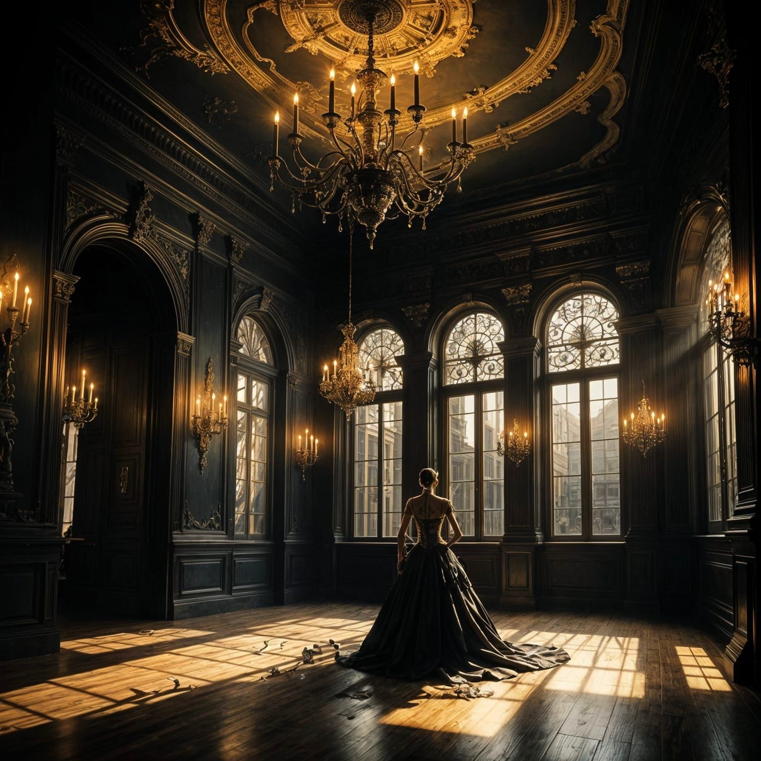 Elegantly Dressed Skeletons Dance in a Haunting Ballroom Sce...