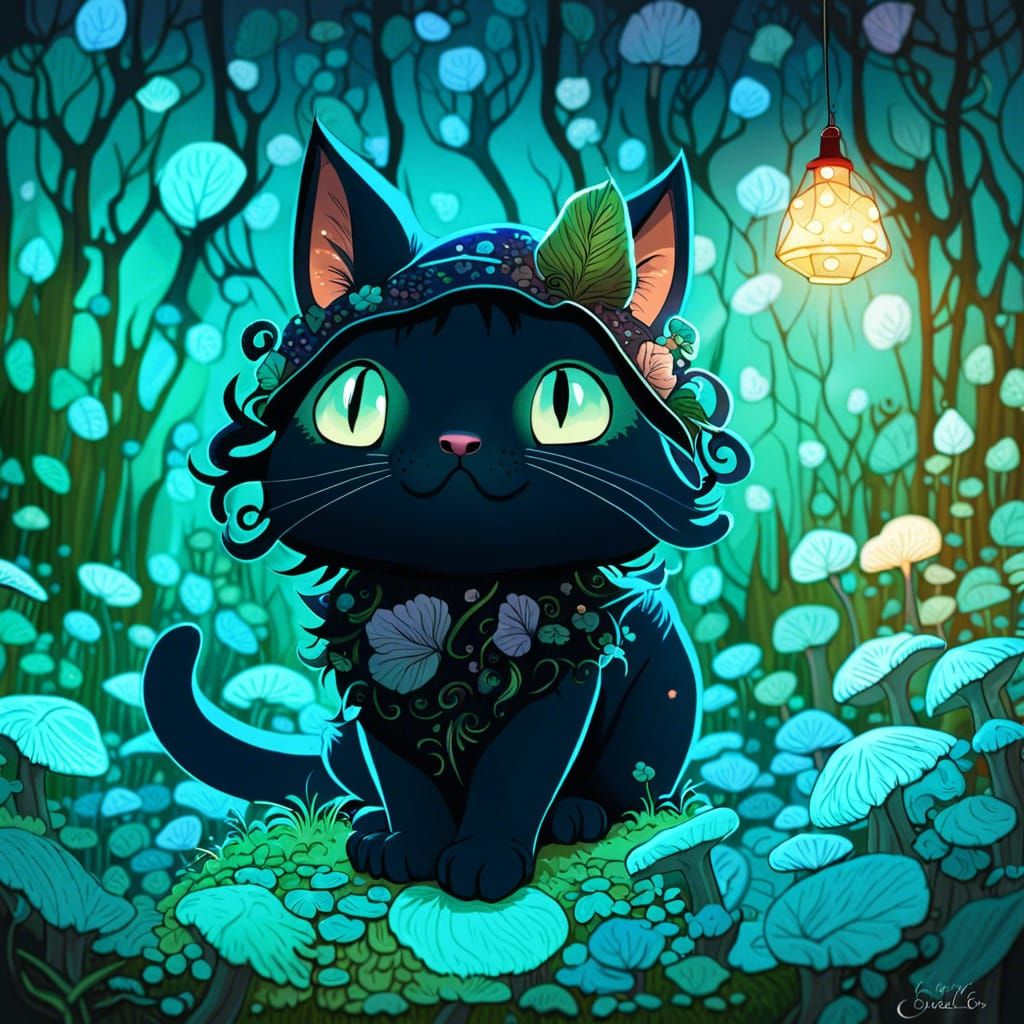 Chibi Mushroom Cat in Enchanted Forest