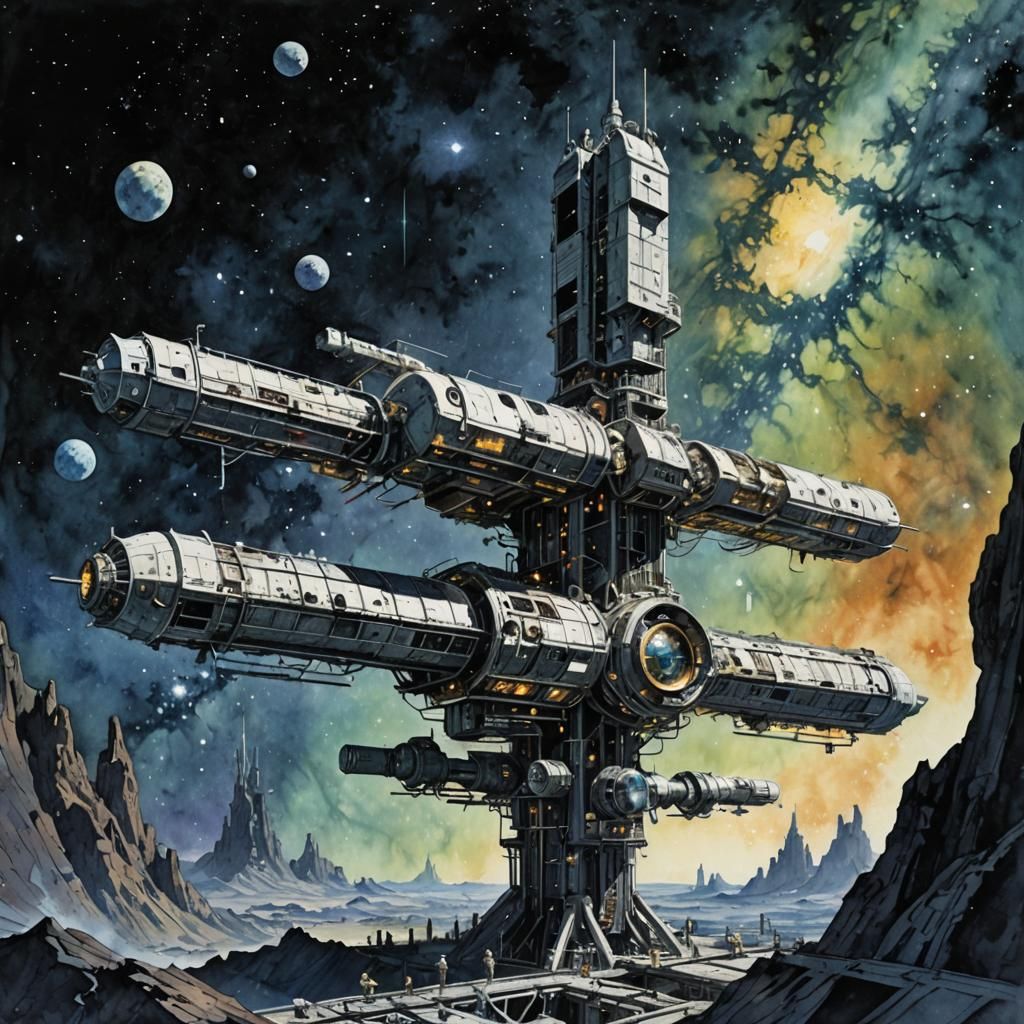 Sci-Fi Space Station Watercolor Under the Milky Way