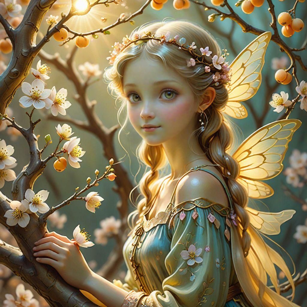 Whimsical Fairy Amidst Apricot Blossoms