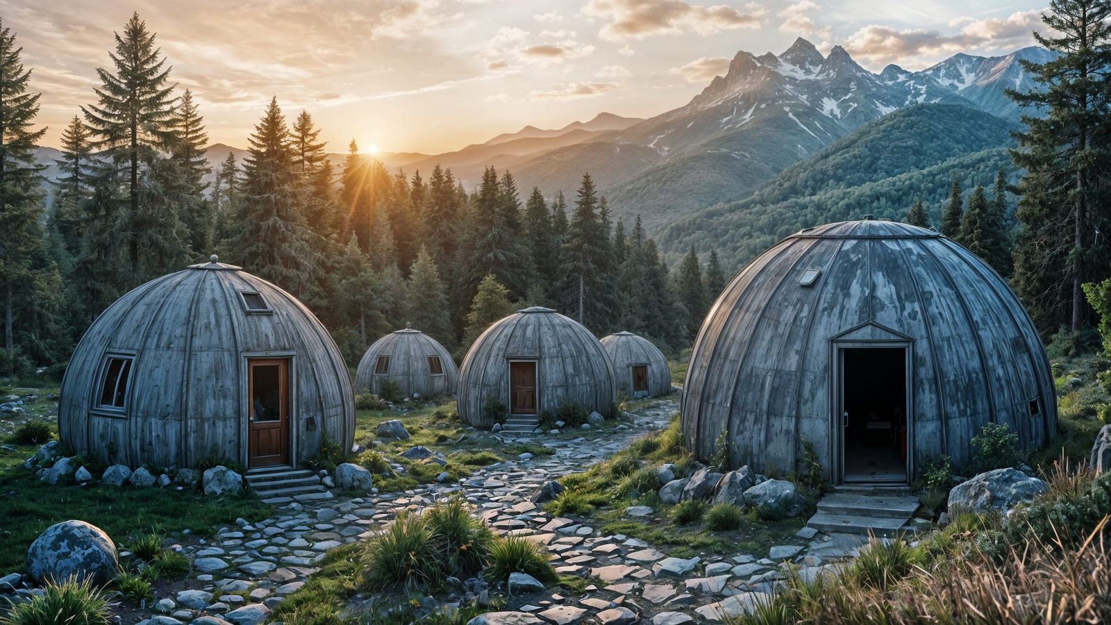 Concrete Dome Homes at Sunset: Cinematic Film Still