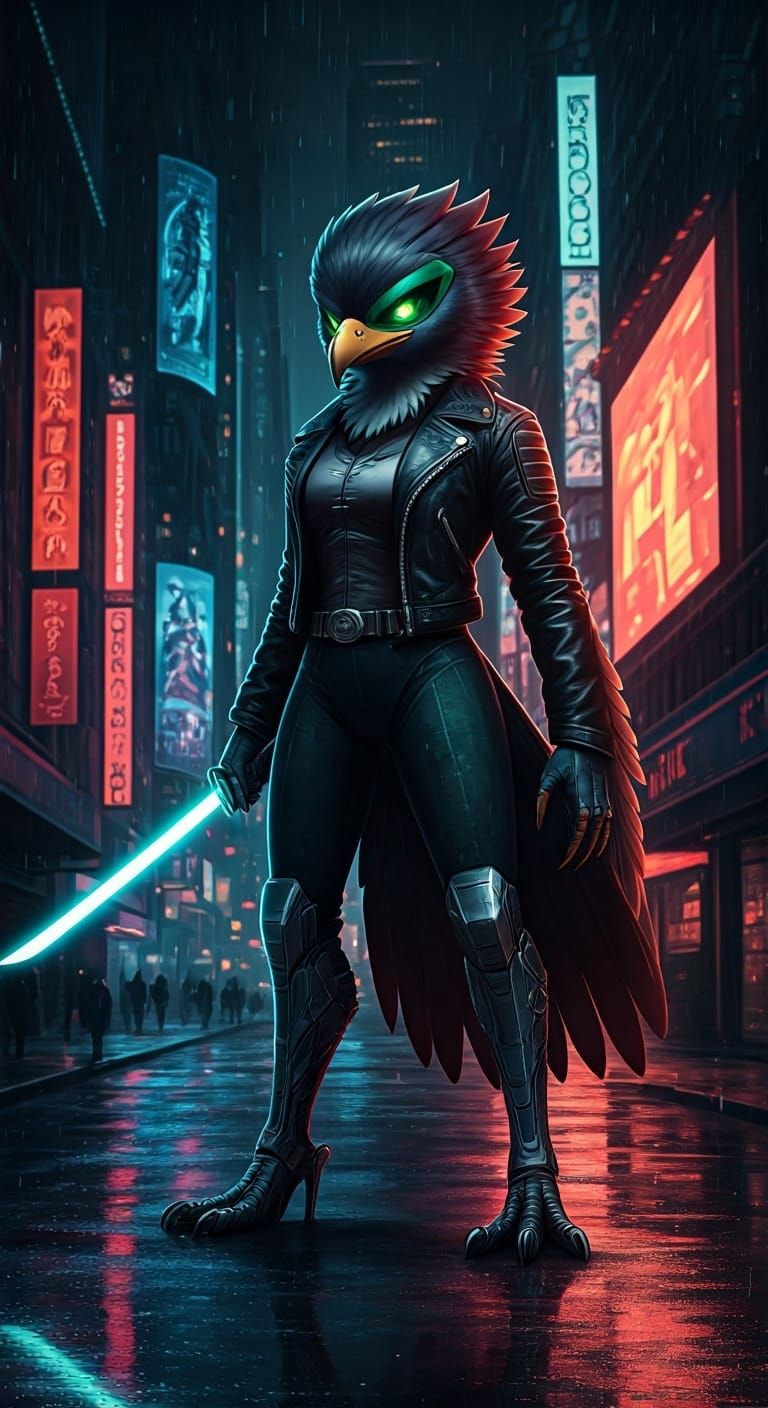 Cyberpunk Robin Anthro Warrior in Dystopian City