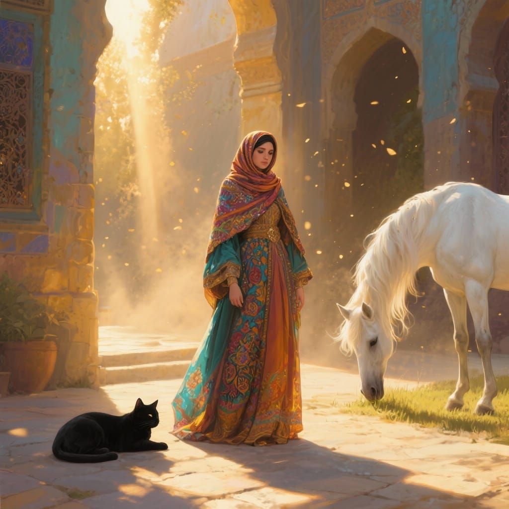 Muslim Woman with Cat and Horse in Courtyard