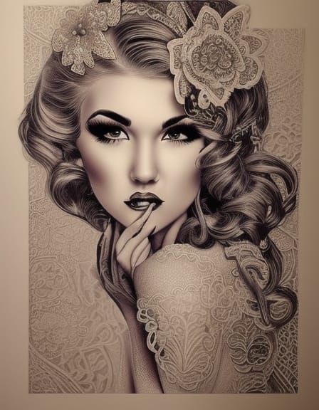 Intricate Lace Pin-Up Girl Fine Art