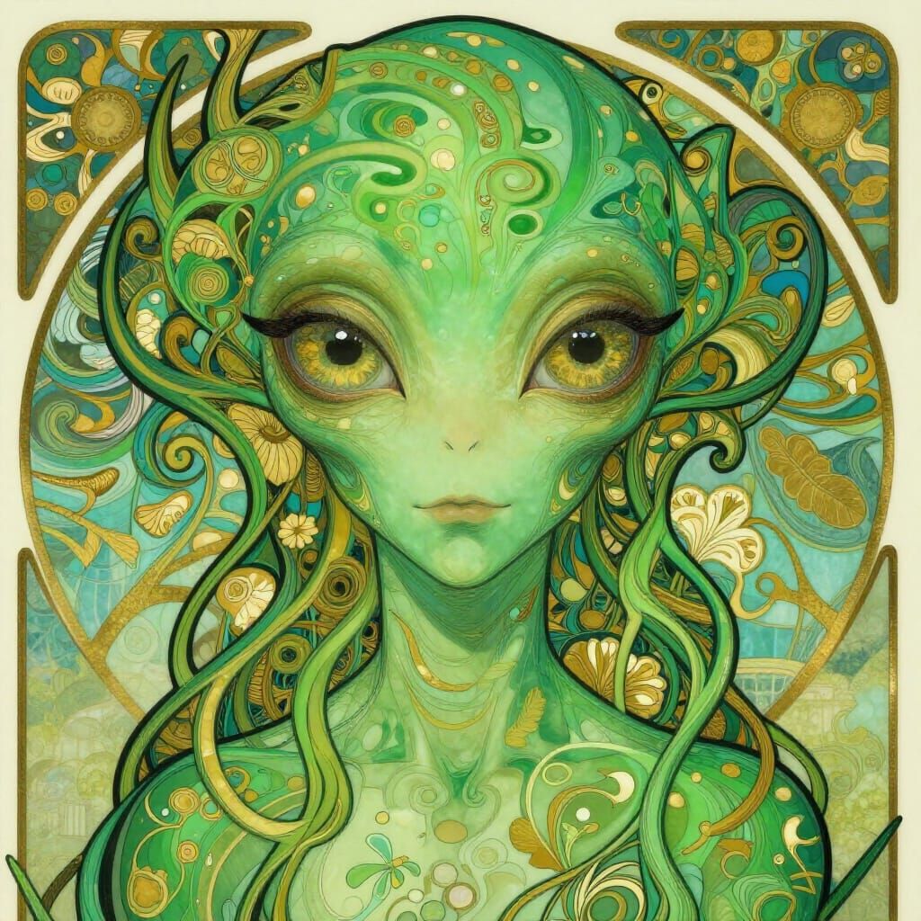 Vibrant Green Alien in Art Nouveau Style