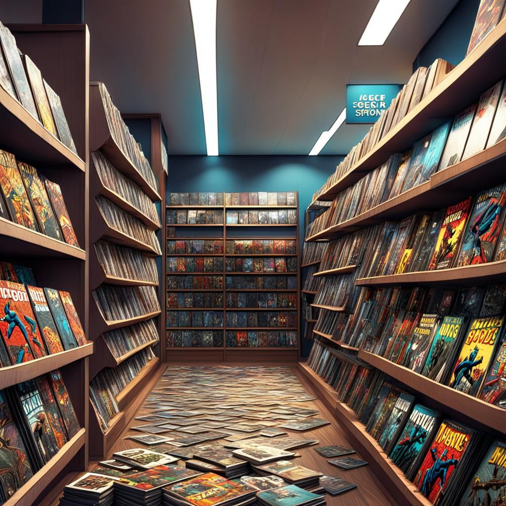 Vintage Comic Book Store Scene in 1960s Style