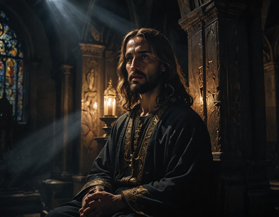 Jesus Meditating in Dark Church: Baroque Oil Painting