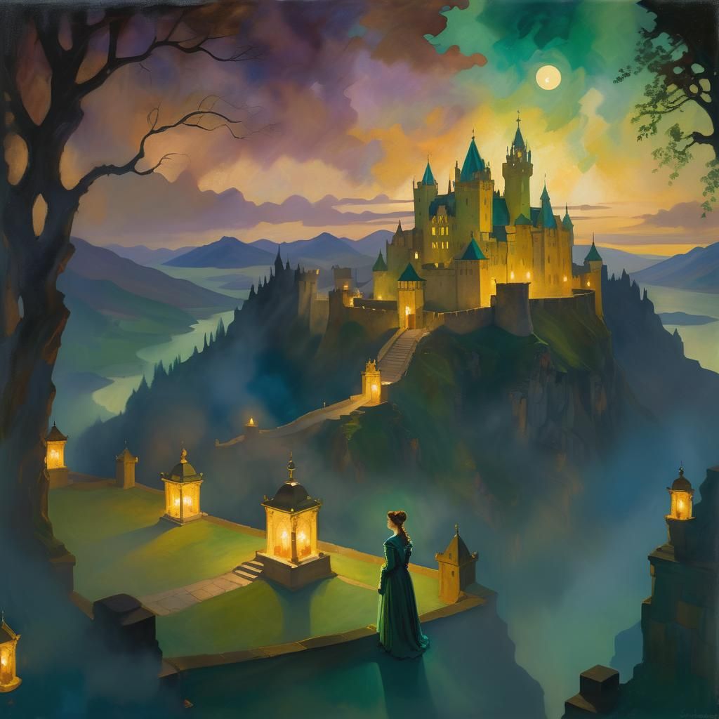 Mystical Queen in Castle Hall as Expressionist Painting