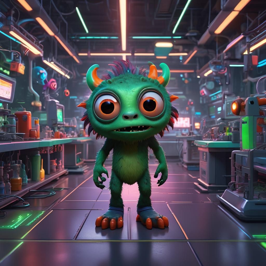 Cute Monster in Futuristic Lab, Pixar Style