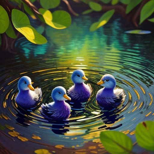 Whimsical Ducklings in Sunlit Pond: Fantasy Art