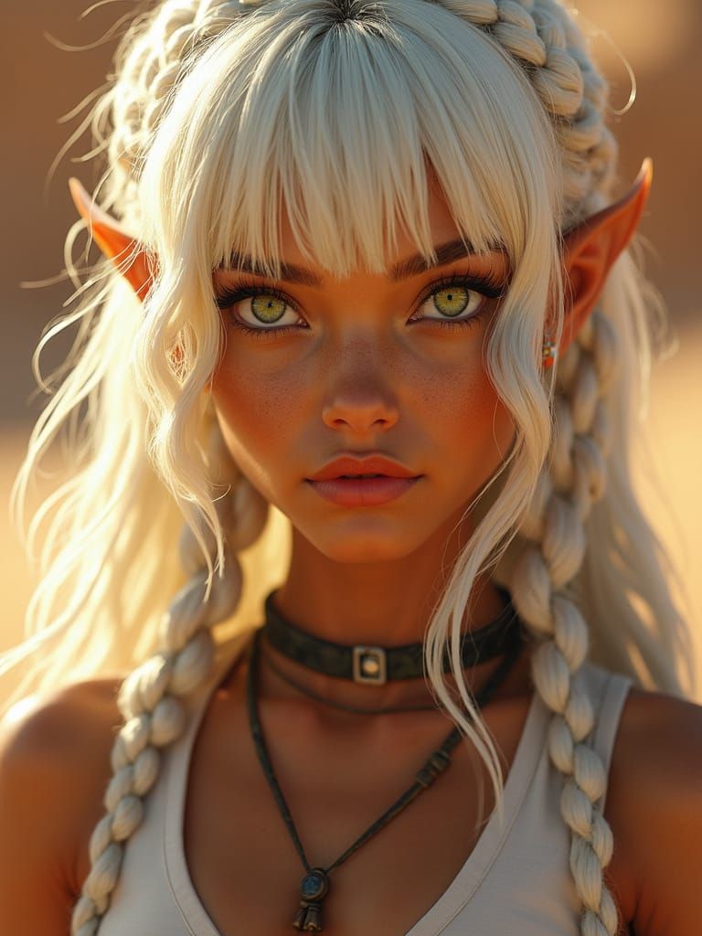 Sunlit Portrait of a Biracial Elf in Desert