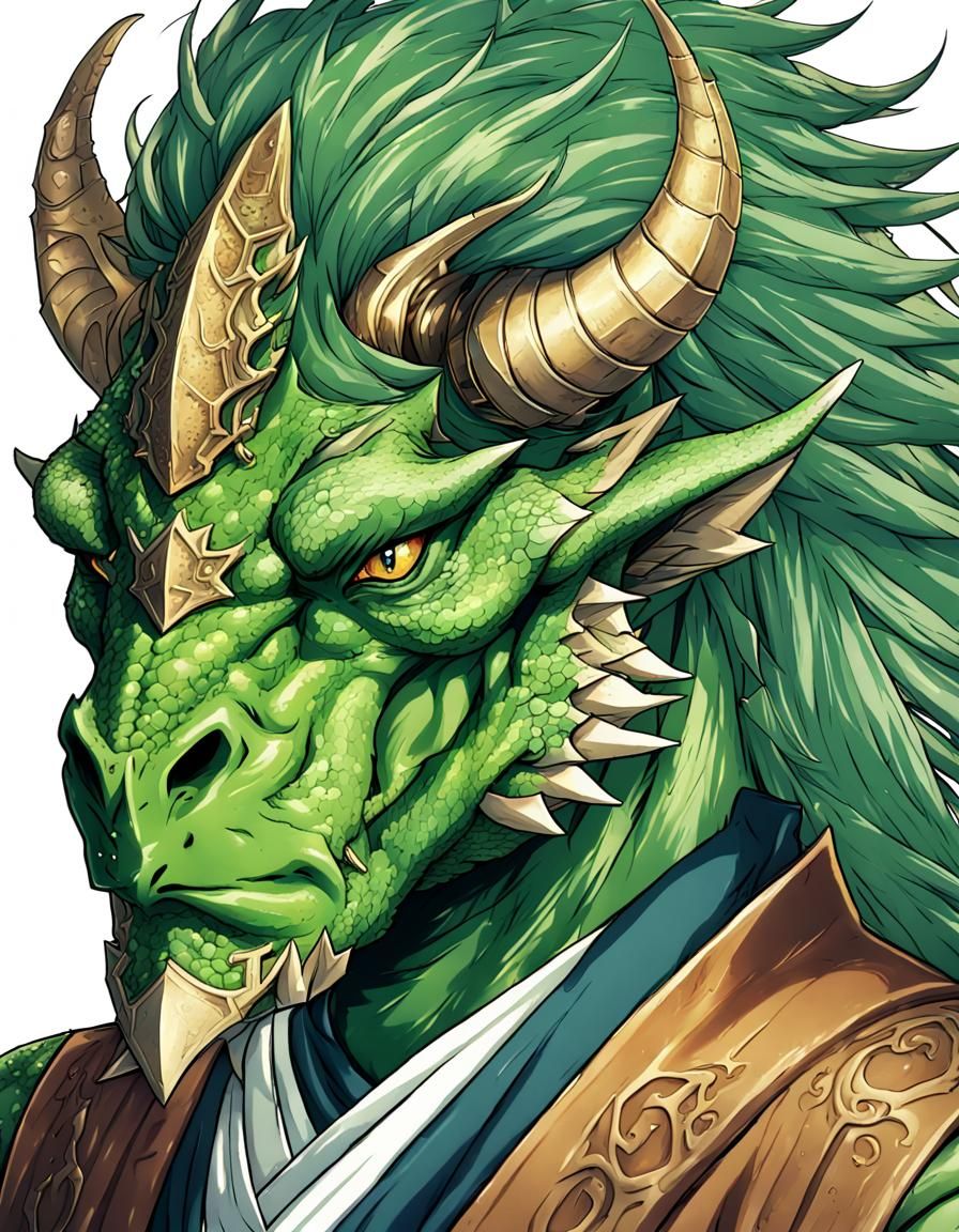 Green Dragonborn Sorcerer Portrait in Anime Style
