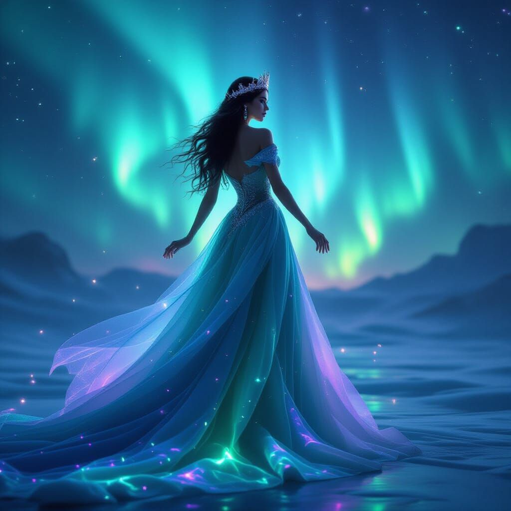 Mystical Queen Under Shimmering Aurora in 8K Fantasy Portrai...