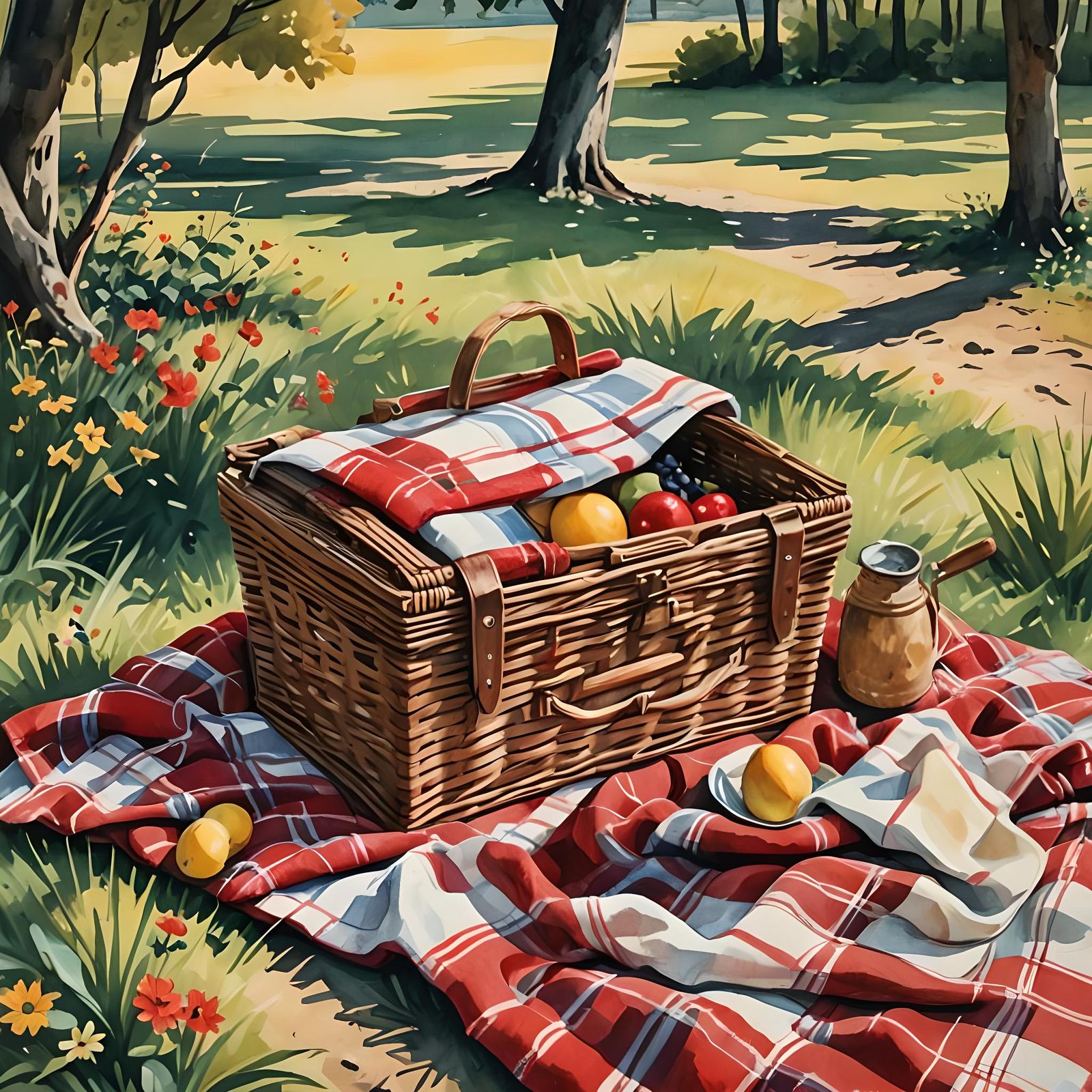 Vintage Picnic Basket in Gouache Style