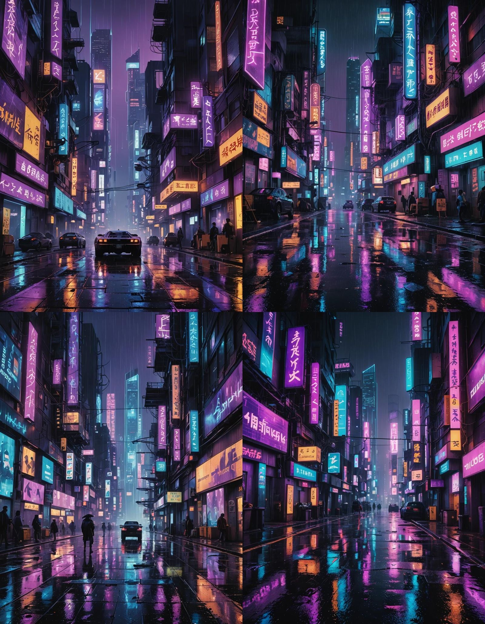 Cyberpunk Cityscape at Night in Vibrant Purple and Blue Tone...