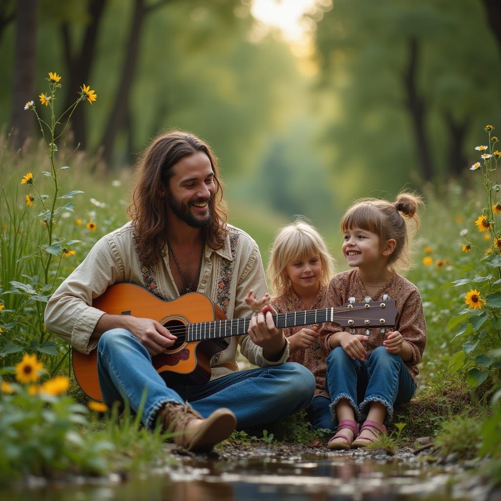 Bohemian Man Plays Guitar in Deep Woods