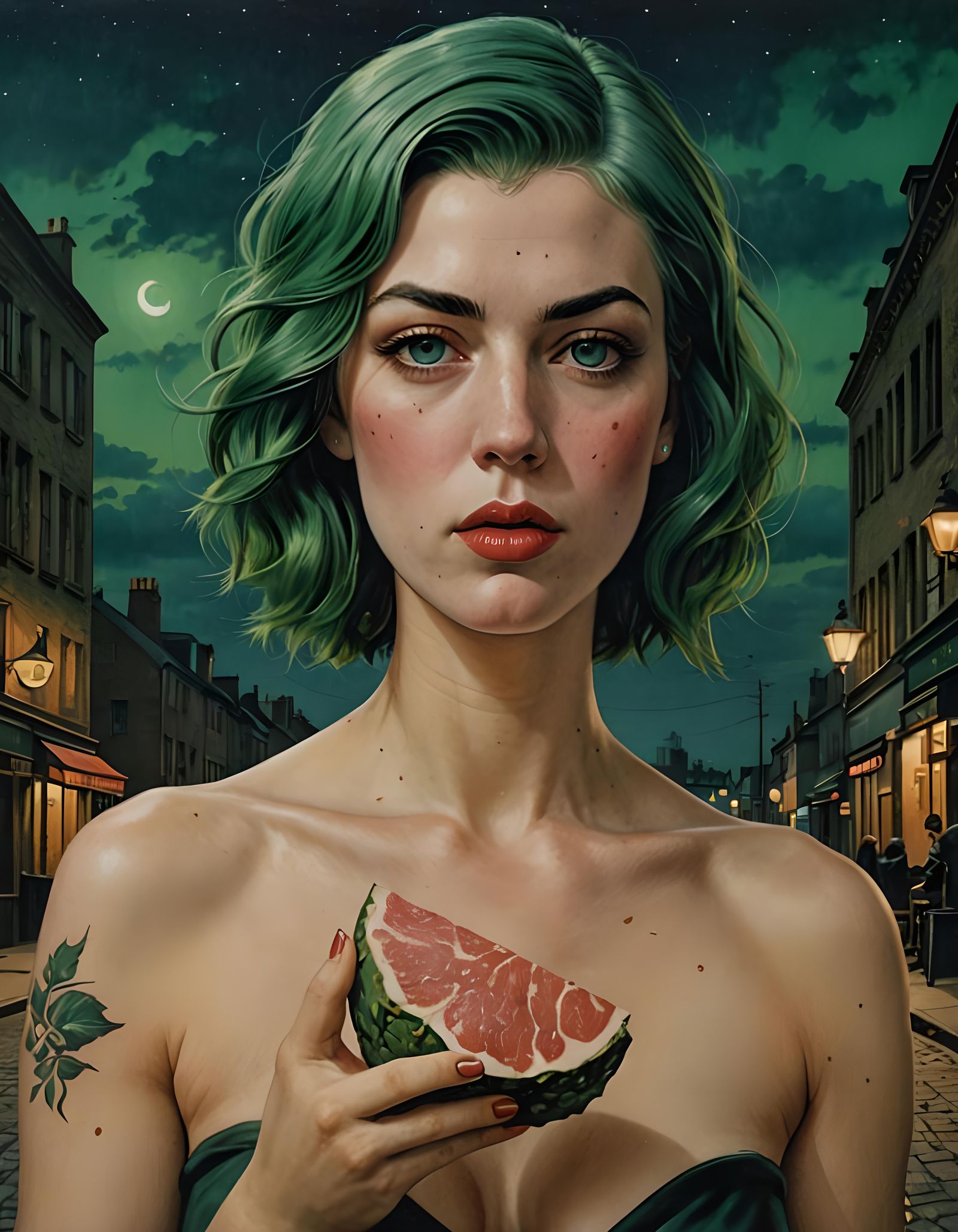 Surreal Woman Eating Meat in Magritte Style