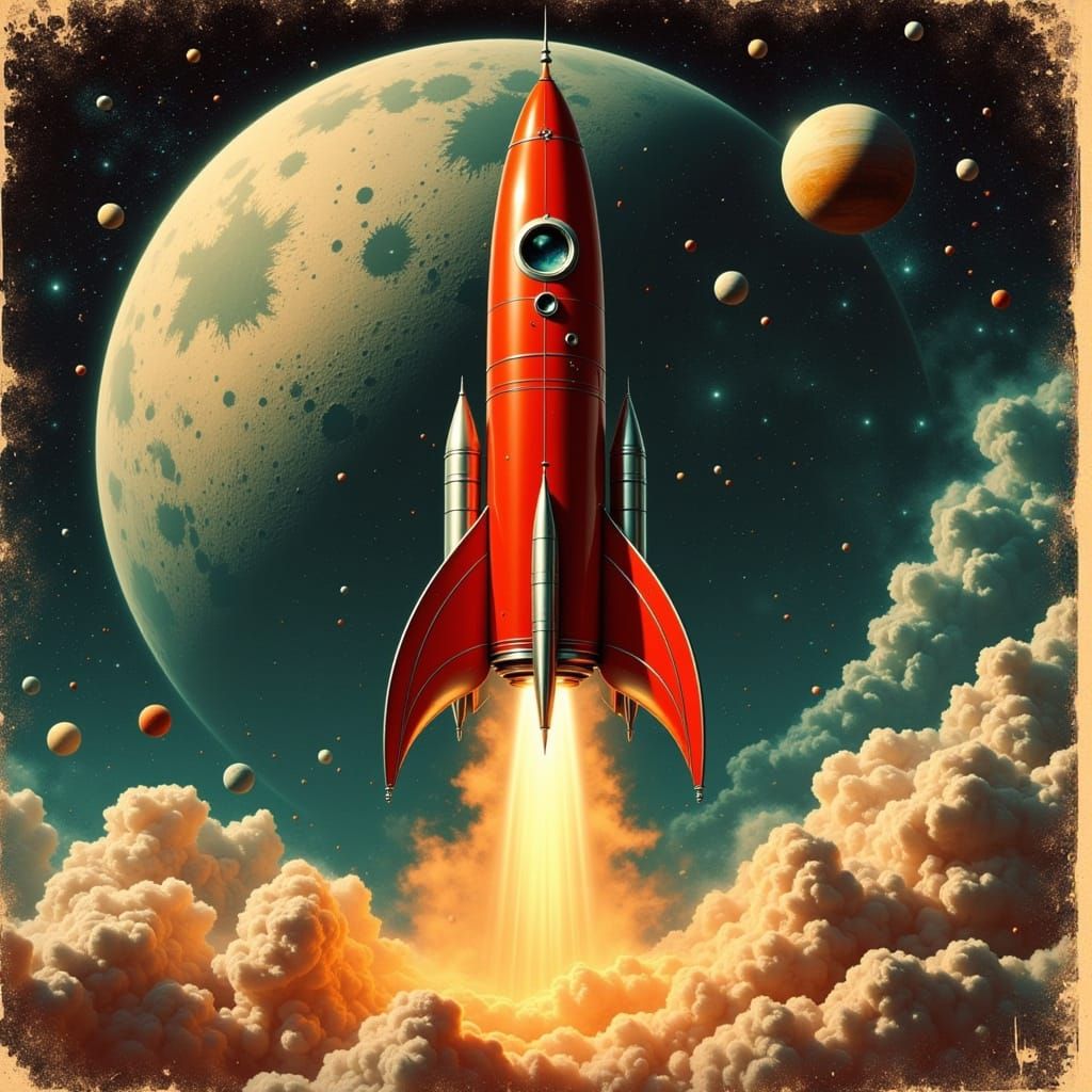 Retro Rocket Launching in 1950s Sci-Fi Style