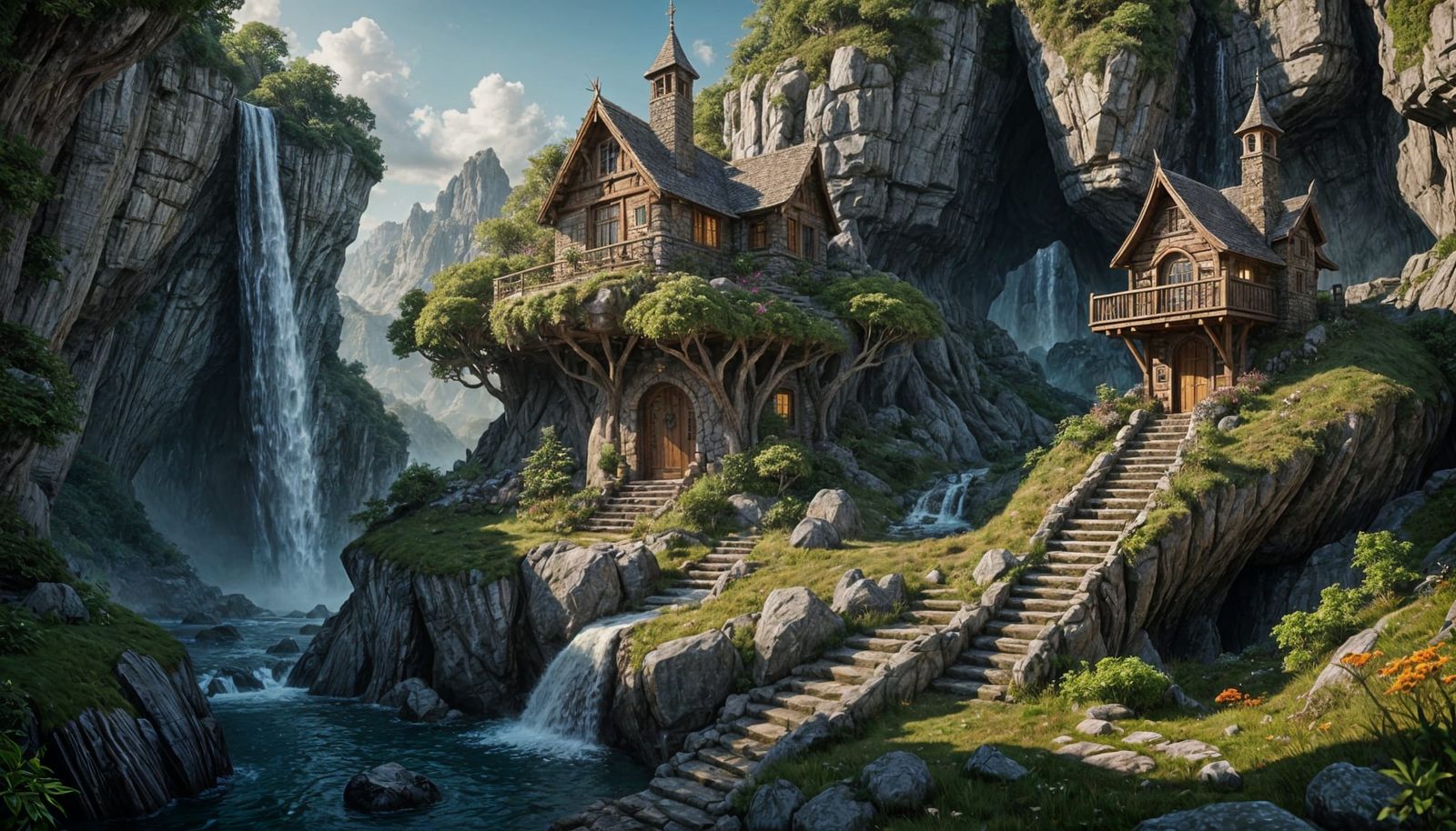Cozy Elven Cottage with Wooden Tower, Fantasy Art