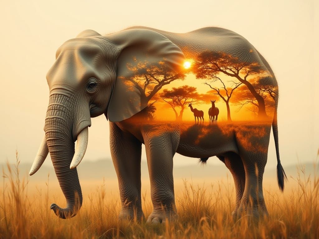 Savannah Elephant Double Exposure: Wildlife Nostalgia