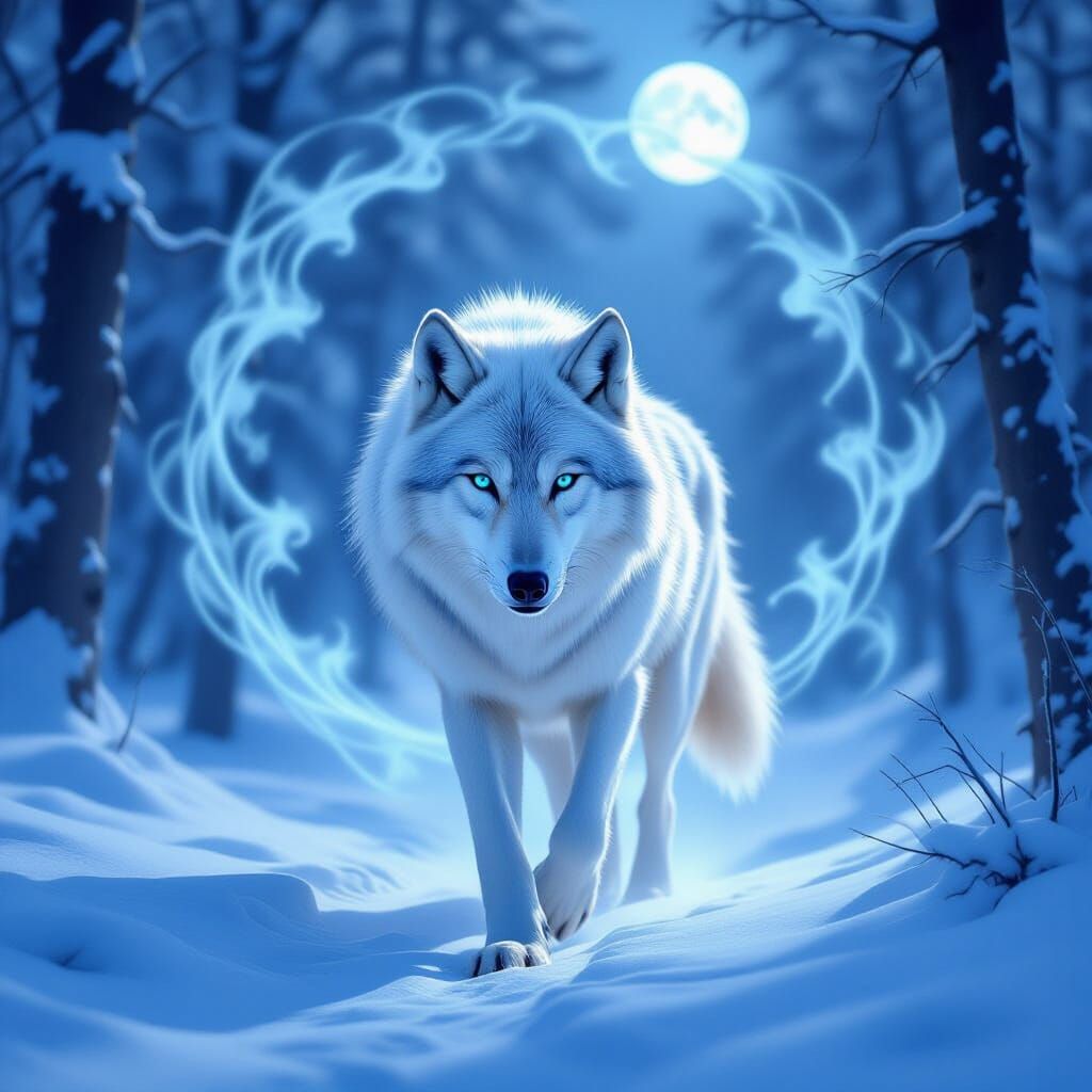 White Wolf in Snow Under Moonlight, Ethereal Mist