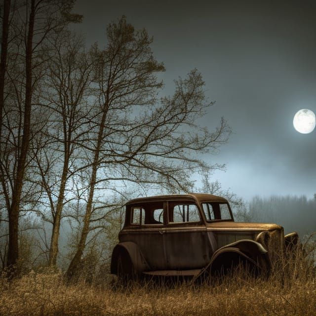 Eerie Haunted House with Ghosts in Moonlight