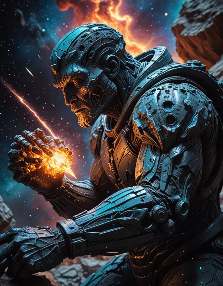 Sculptor Carving Asteroid Statue in Vibrant Nebula