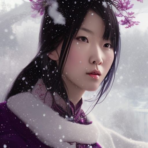 Chinese Woman Portrait in Snow, Detailed Art