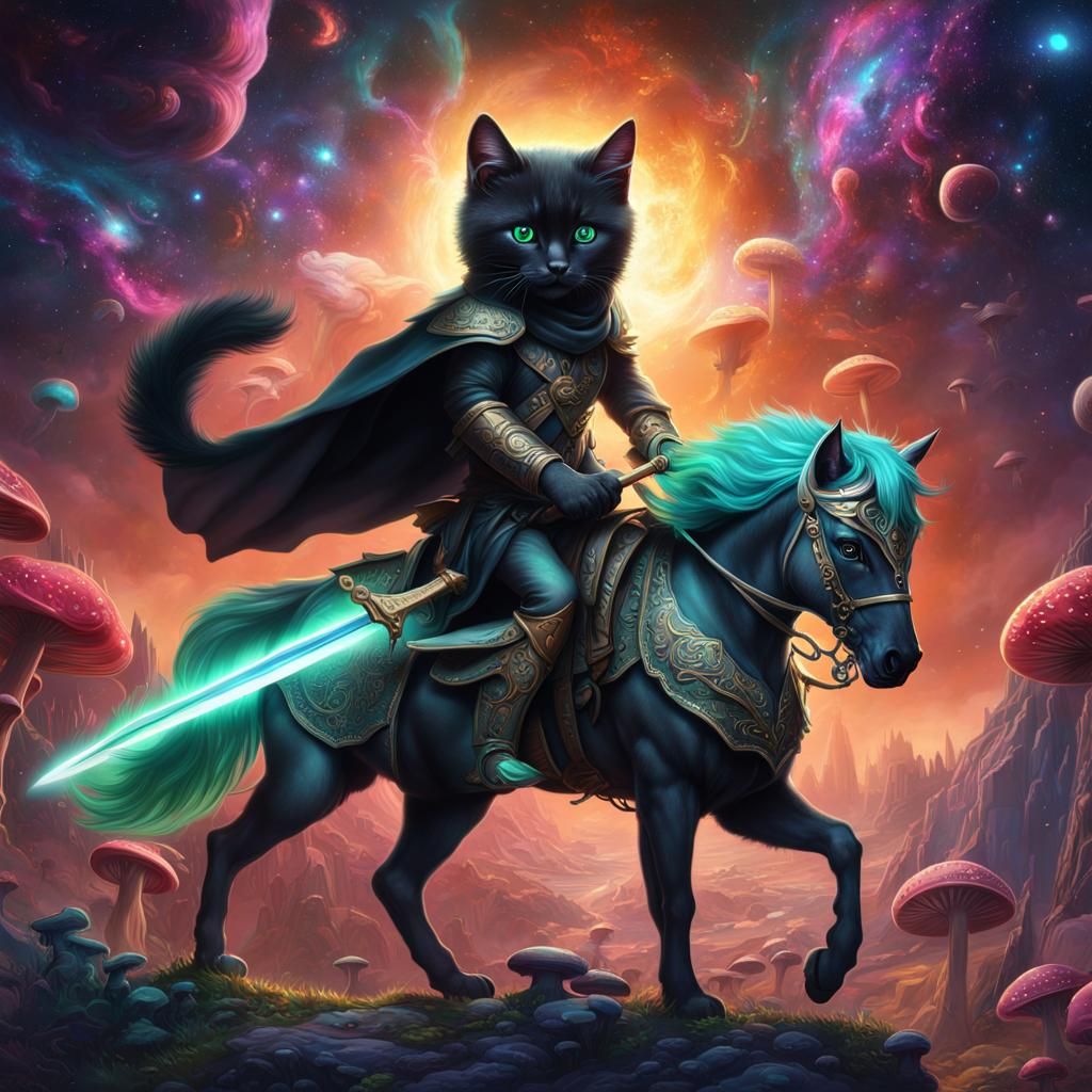 Kitten Riding Unicorn in Psychedelic Space, Digital Art