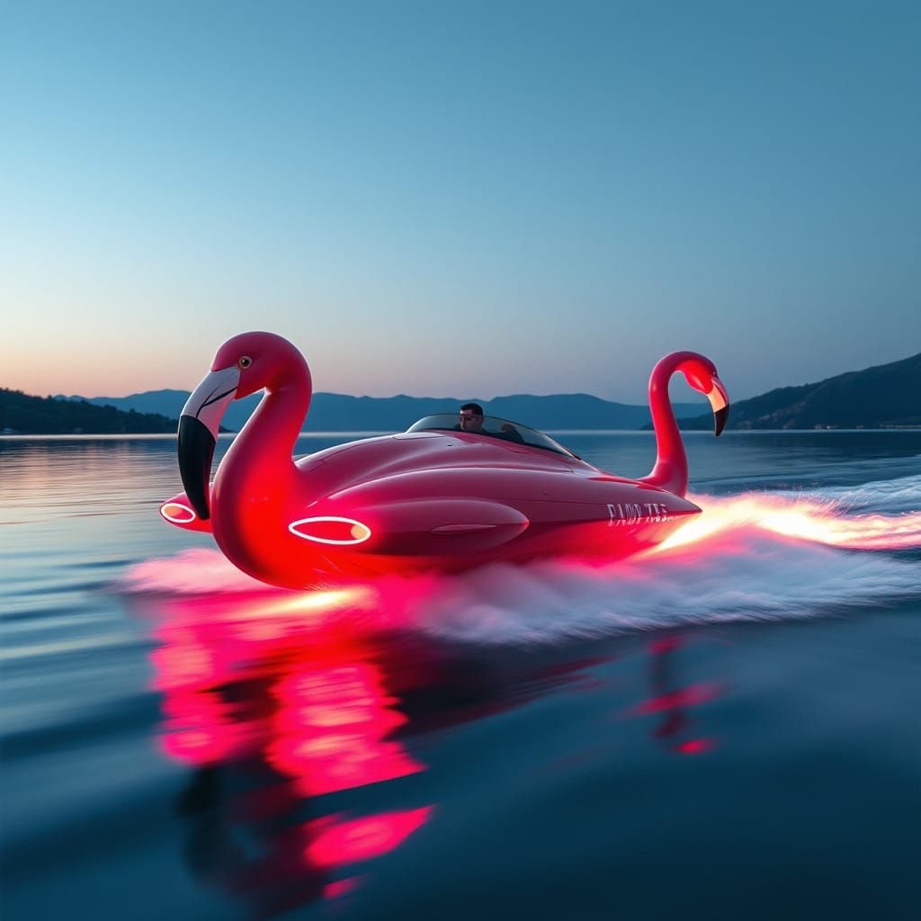 Vintage Art Deco Flamingo Speedboat Zooms Across Crystal Lak...