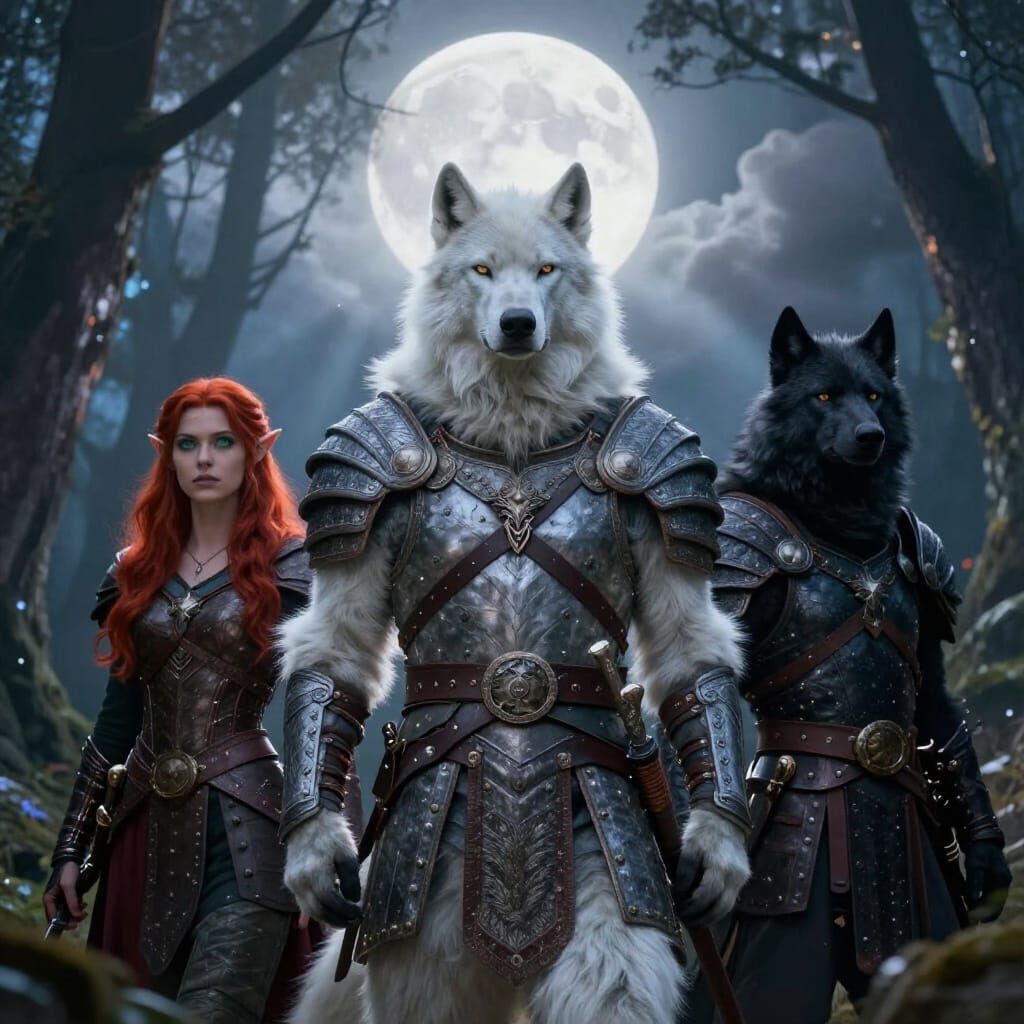 Werewolf Vikings and Elven Warrior in Moonlit Forest