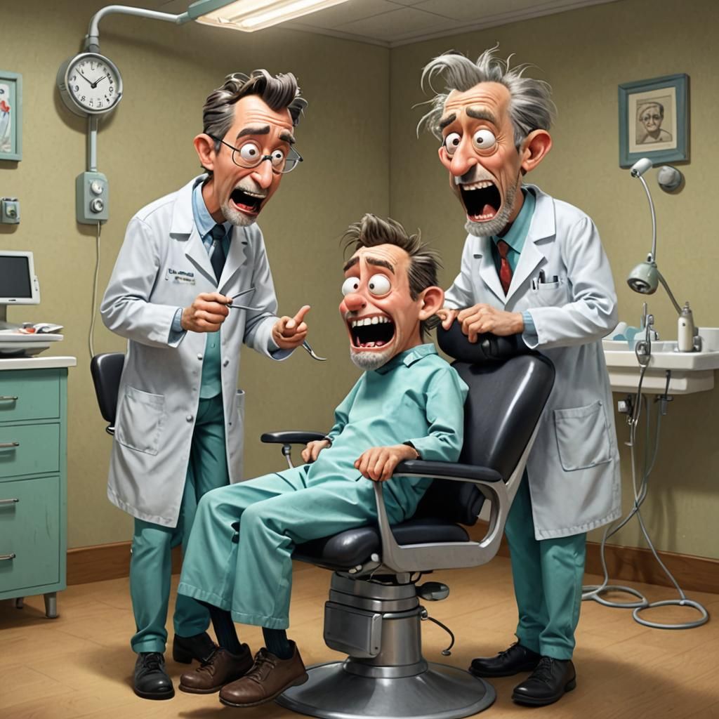 Funny Dentist Scene in Animated Caricature Style