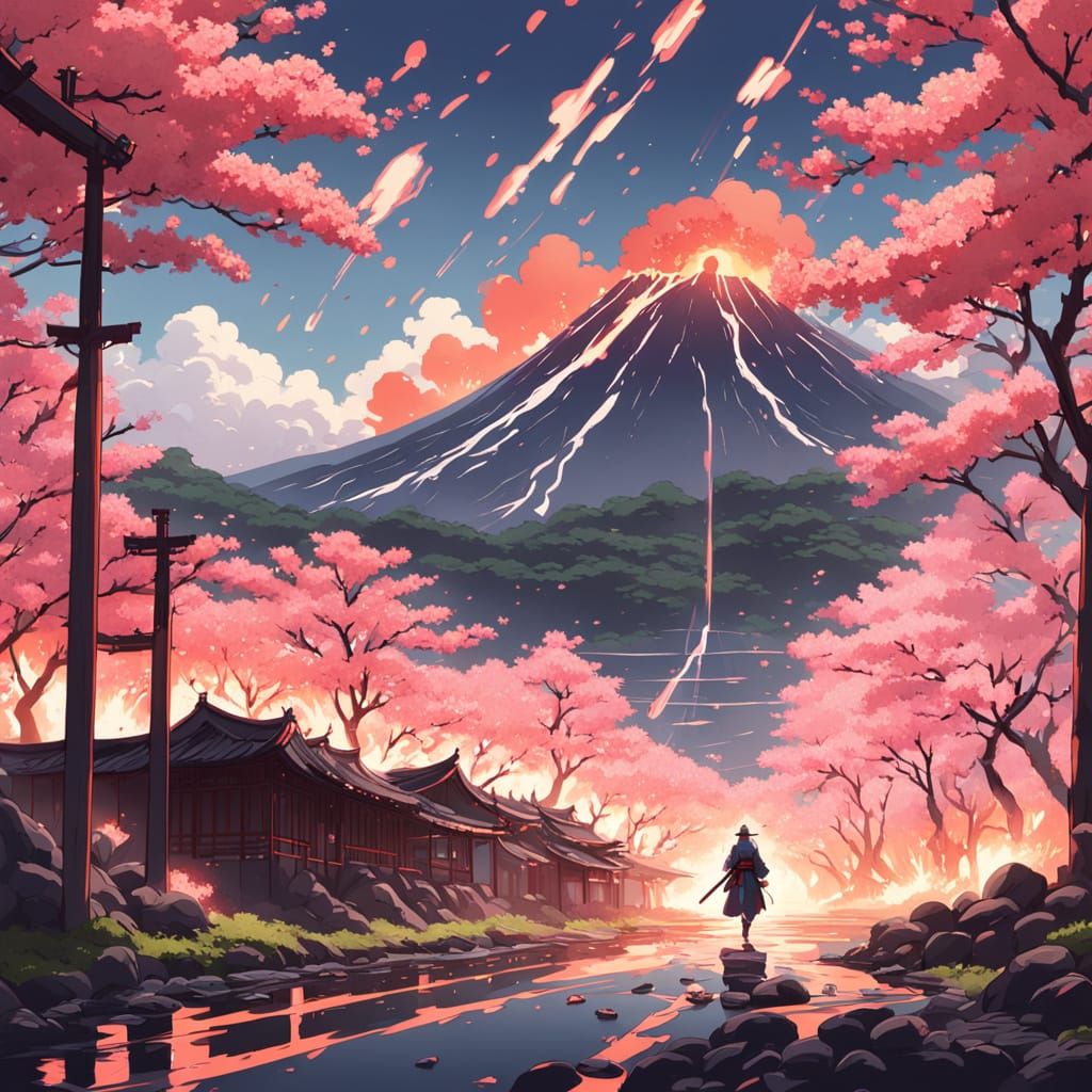 Samurai Training by Volcano in Anime Style