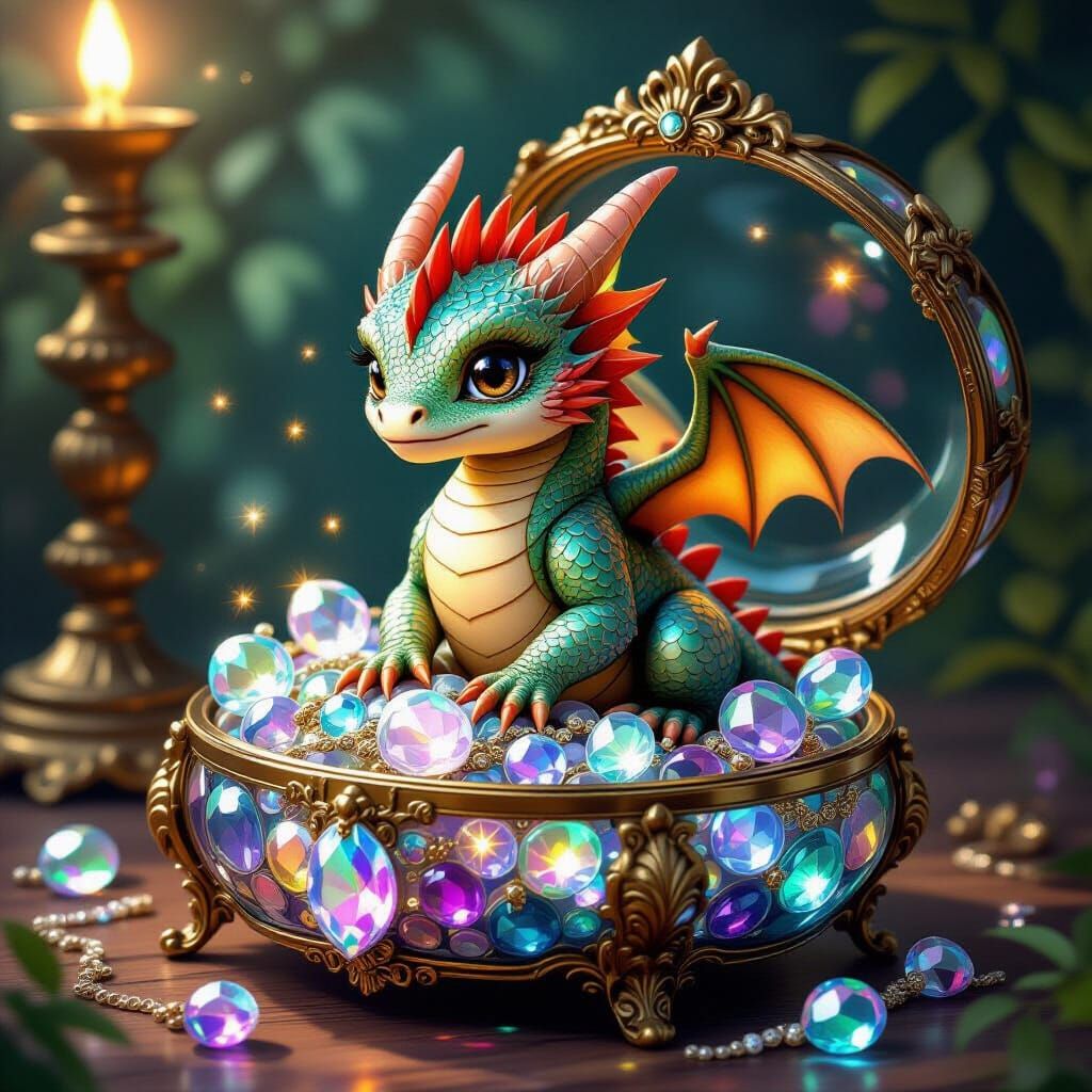 Teacup Dragon in Ornate Jewelry Box, Fantasy Art