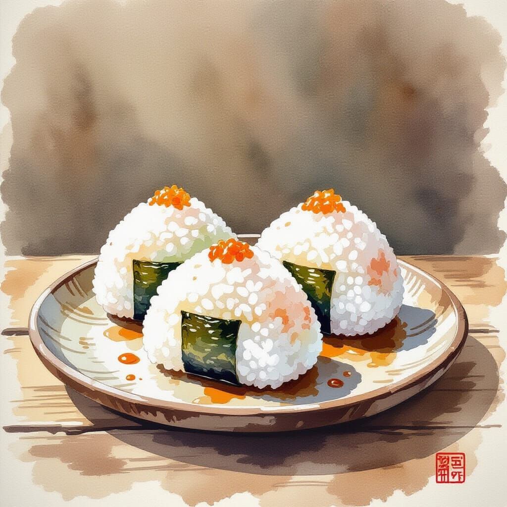 Wabi-Sabi Onigiri Watercolor Art