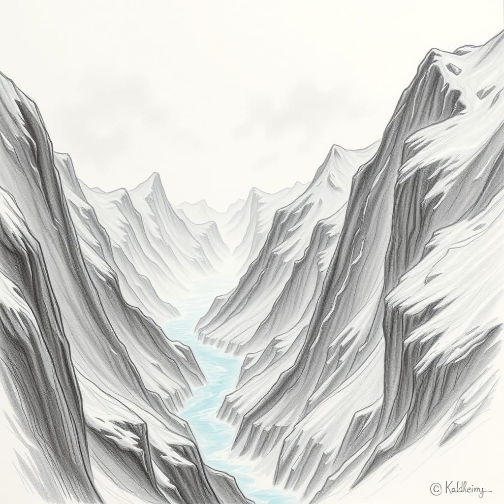Mystical Kaldheim Landscape in Gritty Pencil Sketch